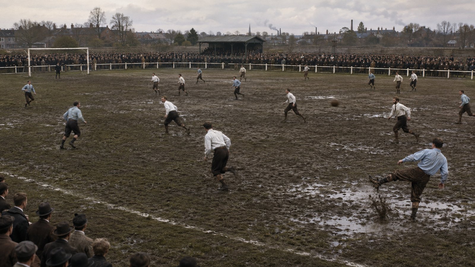 A plain-shirted 1880s football side switches play across a muddy oval