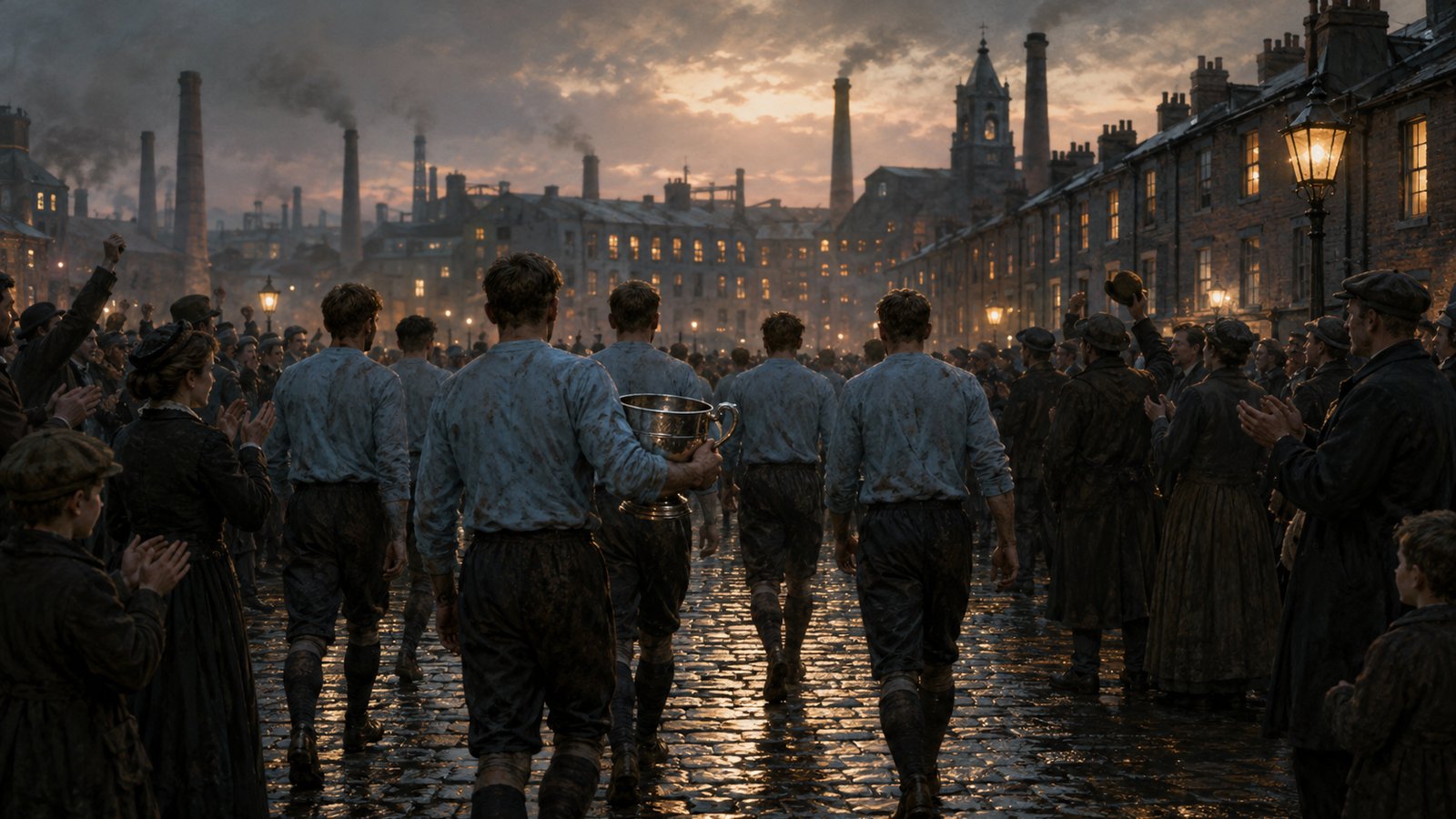Anonymous light-blue-shirted footballers return to an industrial northern town with a plain silver cup