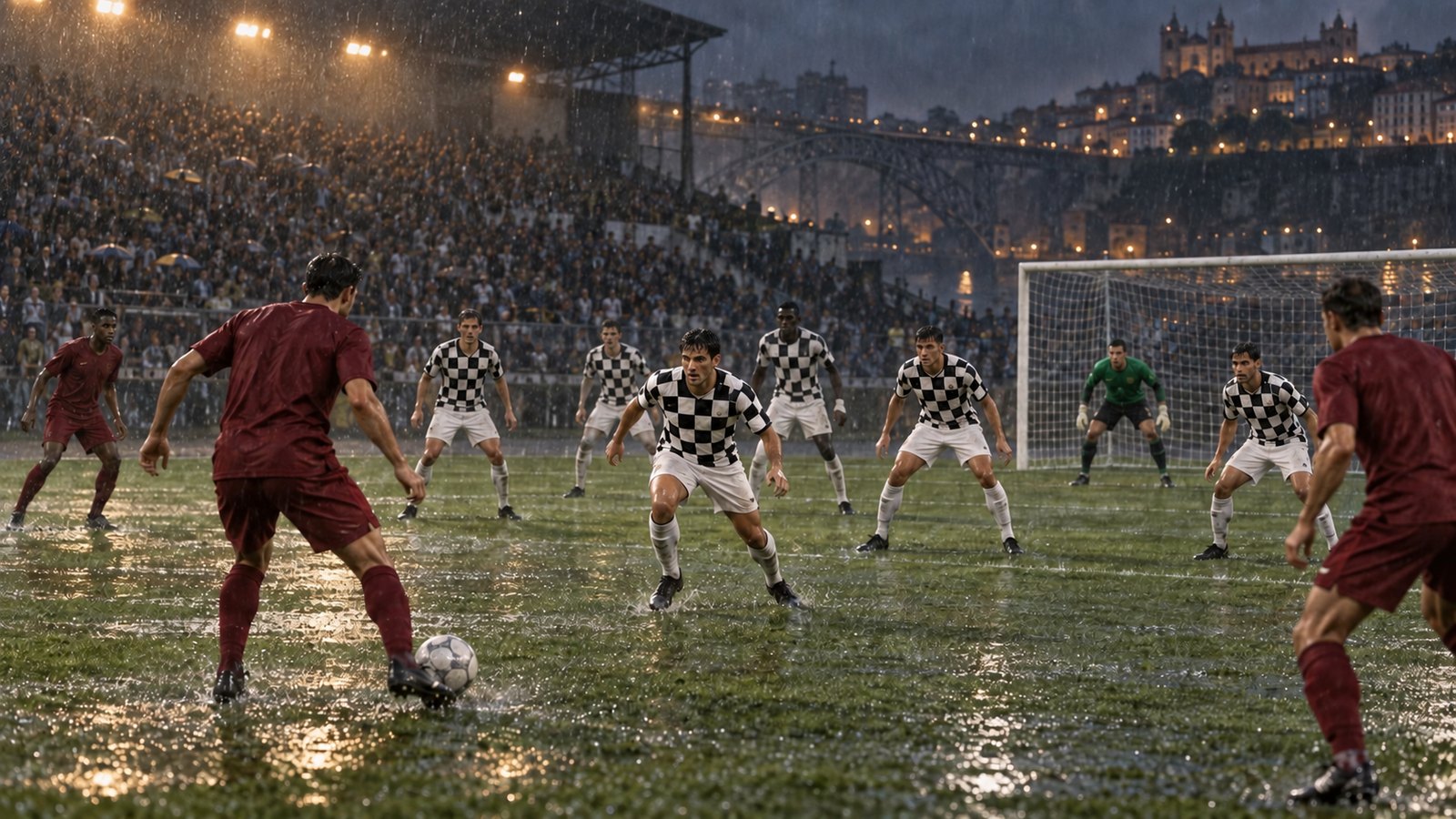 A wide editorial scene of a fictional black-and-white checked football side defending compactly at a generic Porto stadium in 2001