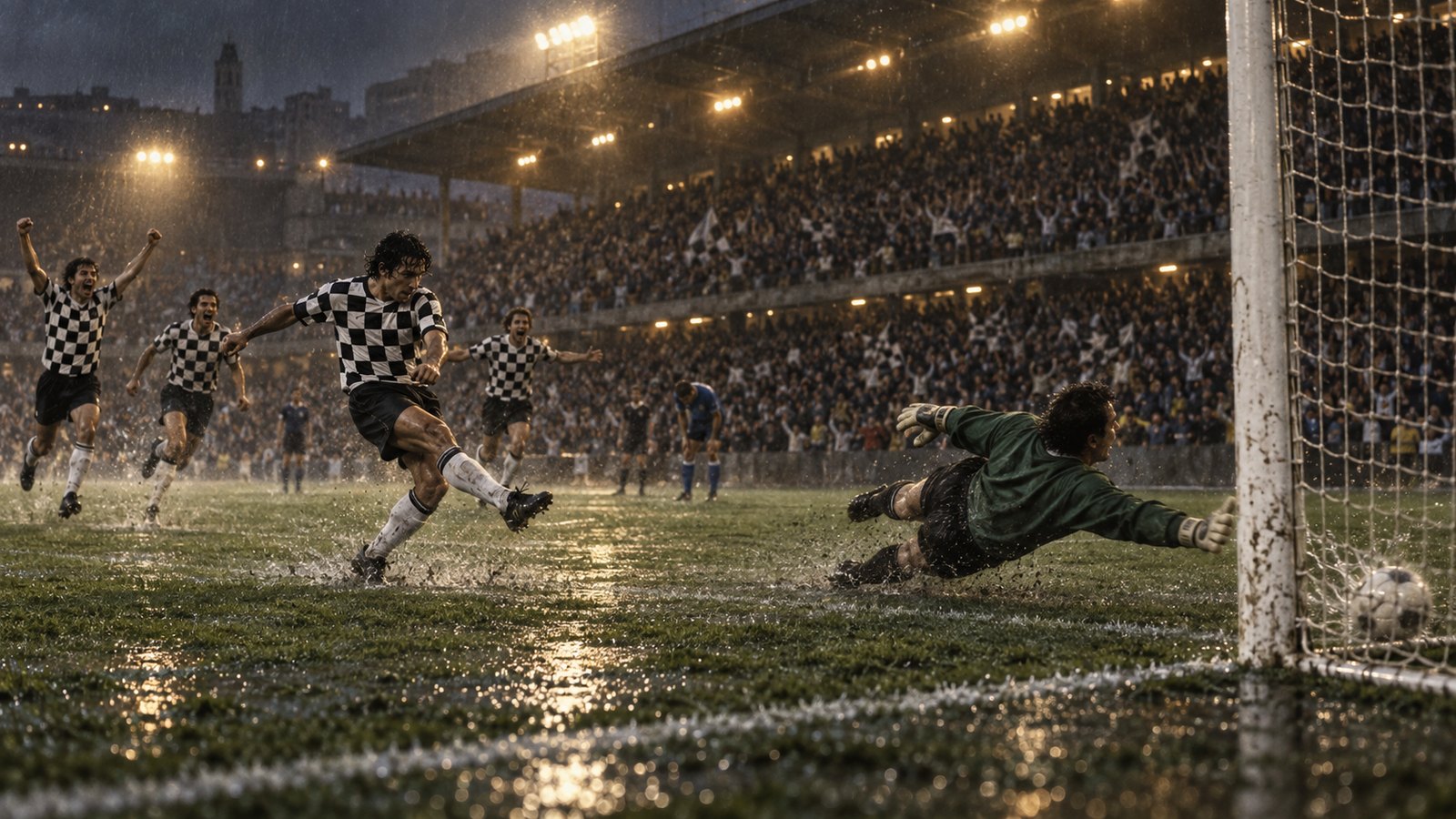 A wide editorial scene of a fictional footballer in a blank black-and-white checked shirt scoring before a packed generic stand in 2001