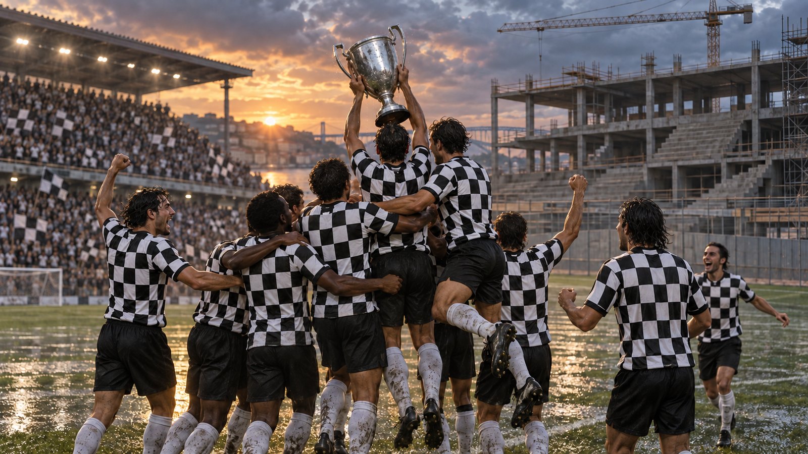 A wide editorial scene of fictional players in blank black-and-white checked shirts celebrating a Portuguese league title at a stadium under reconstruction