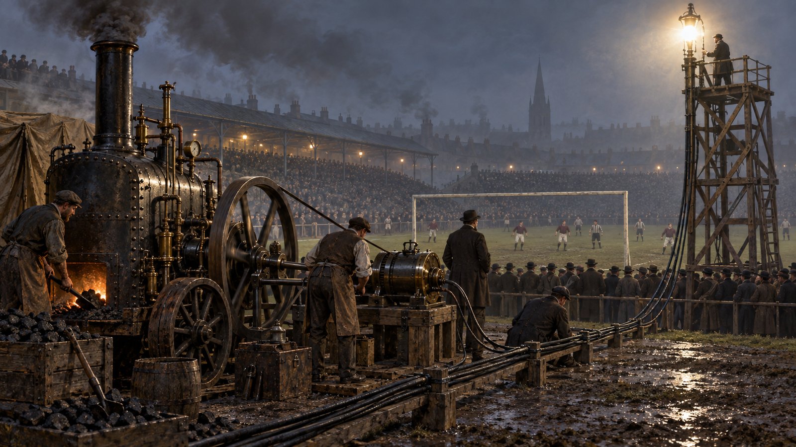 Portable engines and electrical equipment behind a goal powering the 1878 Bramall Lane lamps