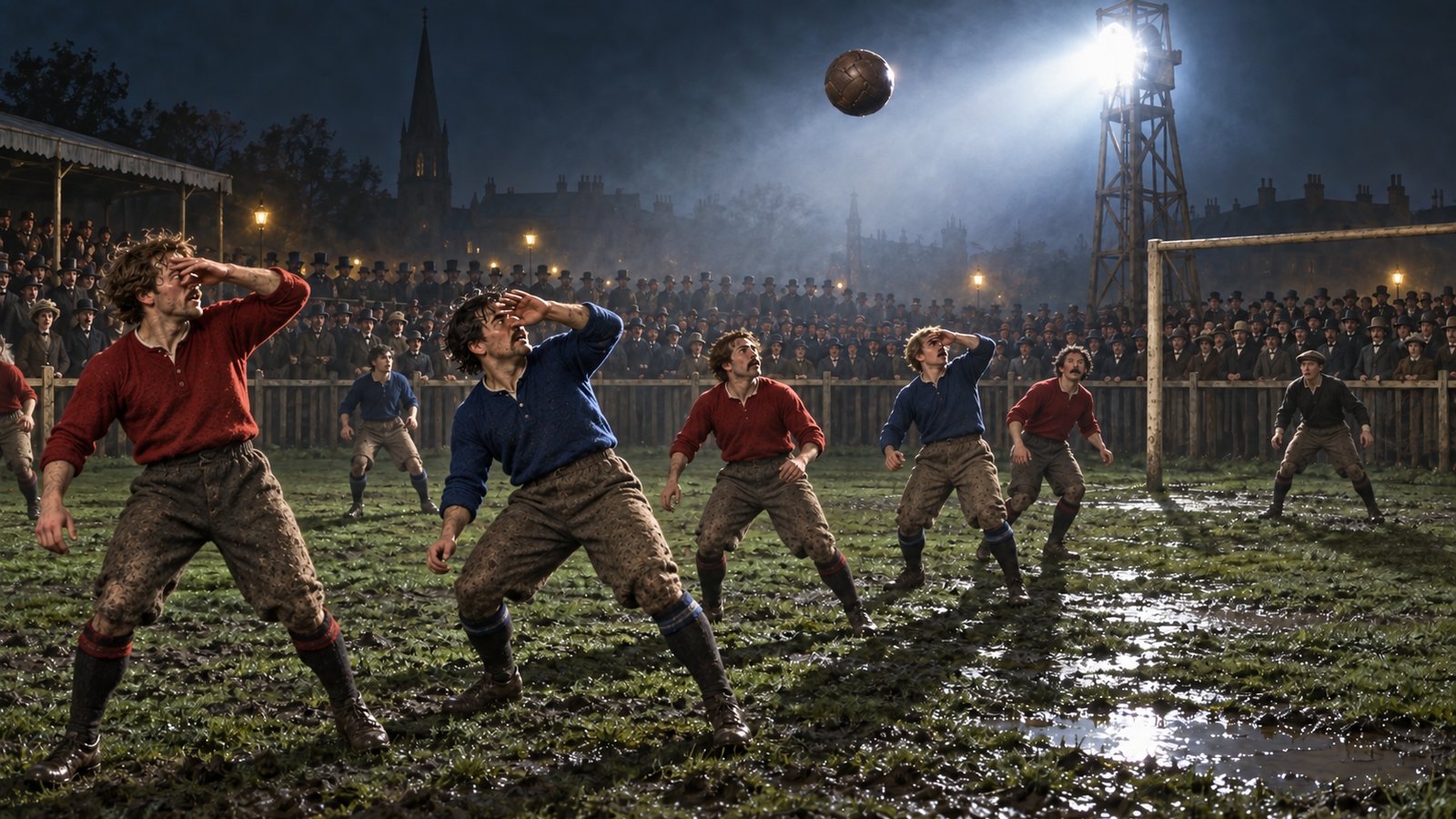 Fictional 1878 footballers shielding their eyes as a high ball crosses electric glare