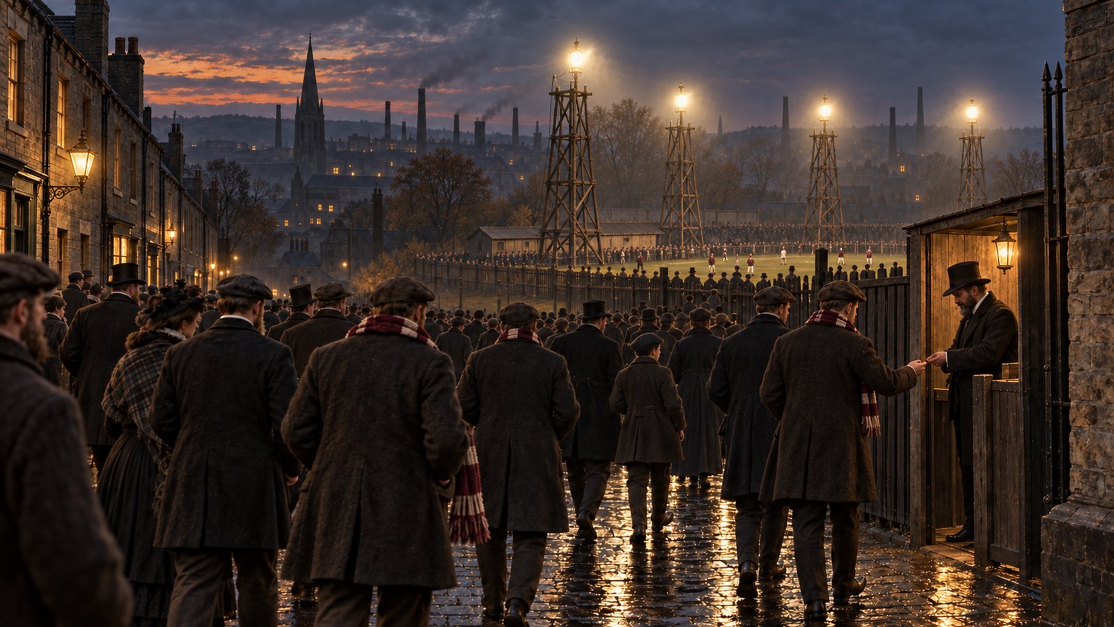A dense 1878 Sheffield crowd approaching Bramall Lane beneath the glow of electric lamps