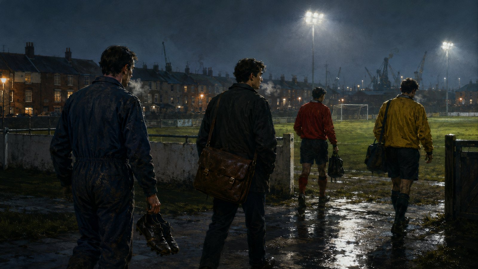 Amateur Calais footballers arriving for night training after work in a northern French port town