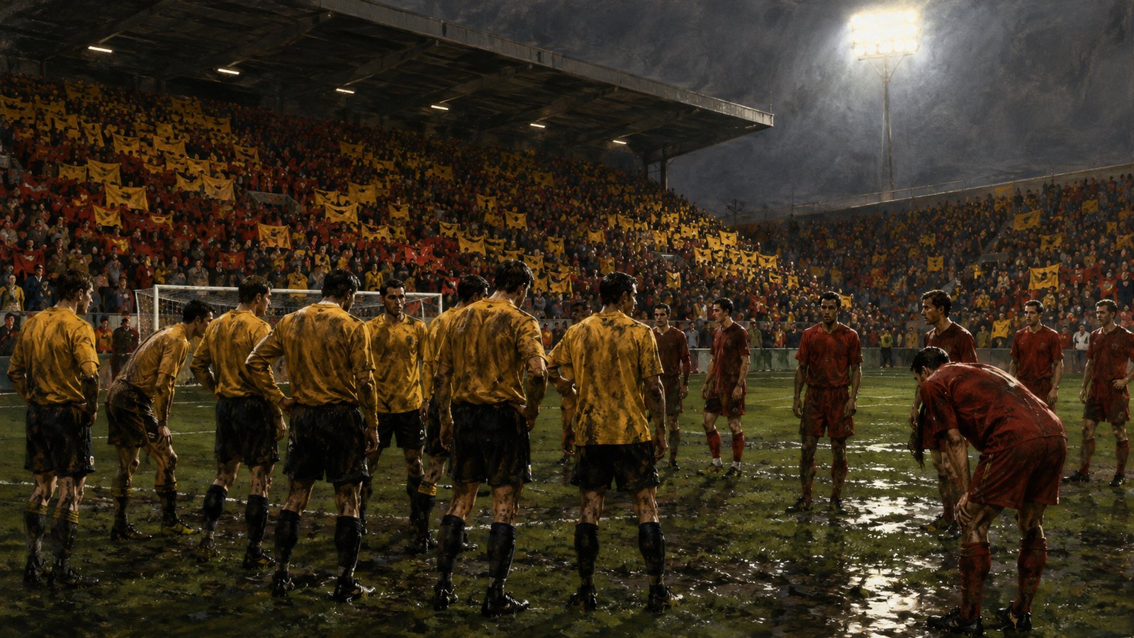 A packed Lens stadium in yellow and red as amateur footballers face French champions under floodlights