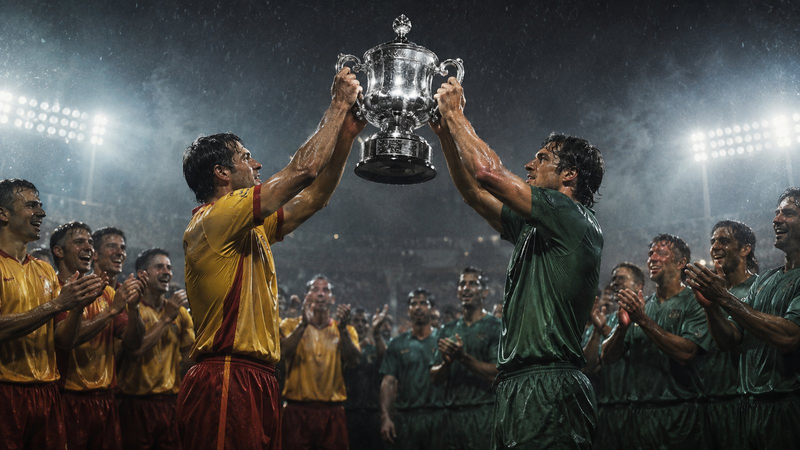 Calais captain and Nantes captain sharing the French Cup trophy after the 2000 final
