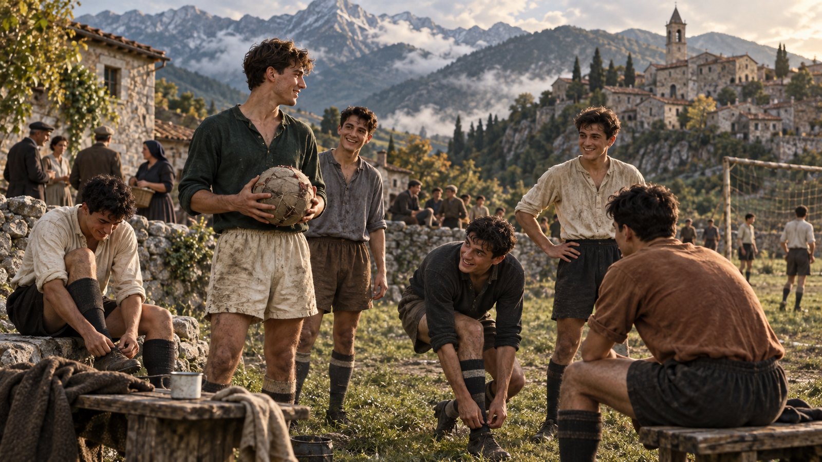 A fictional post-war Italian village football team preparing beside a rough pitch