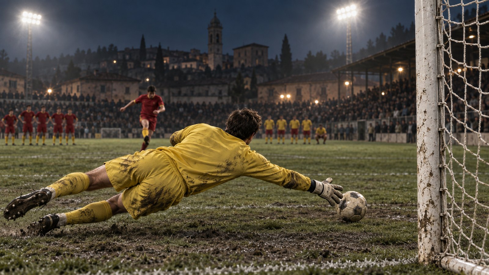 A fictional reserve goalkeeper saving the eighth penalty in a 1990s Italian play-off