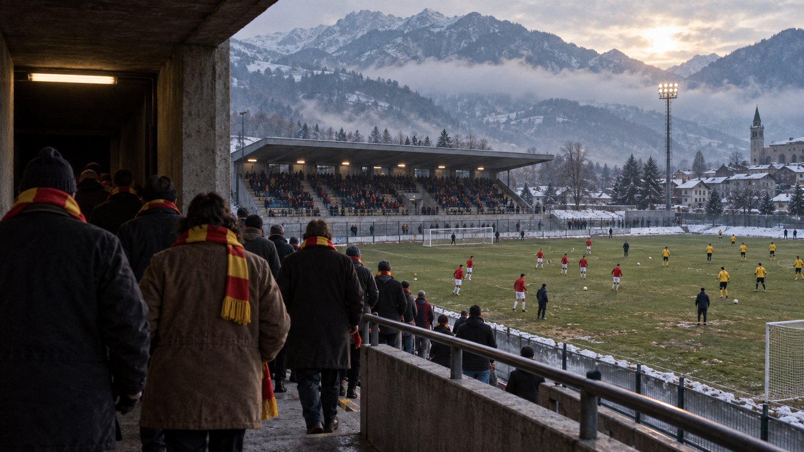 A fictional small Italian stadium reopening for second-division football in winter