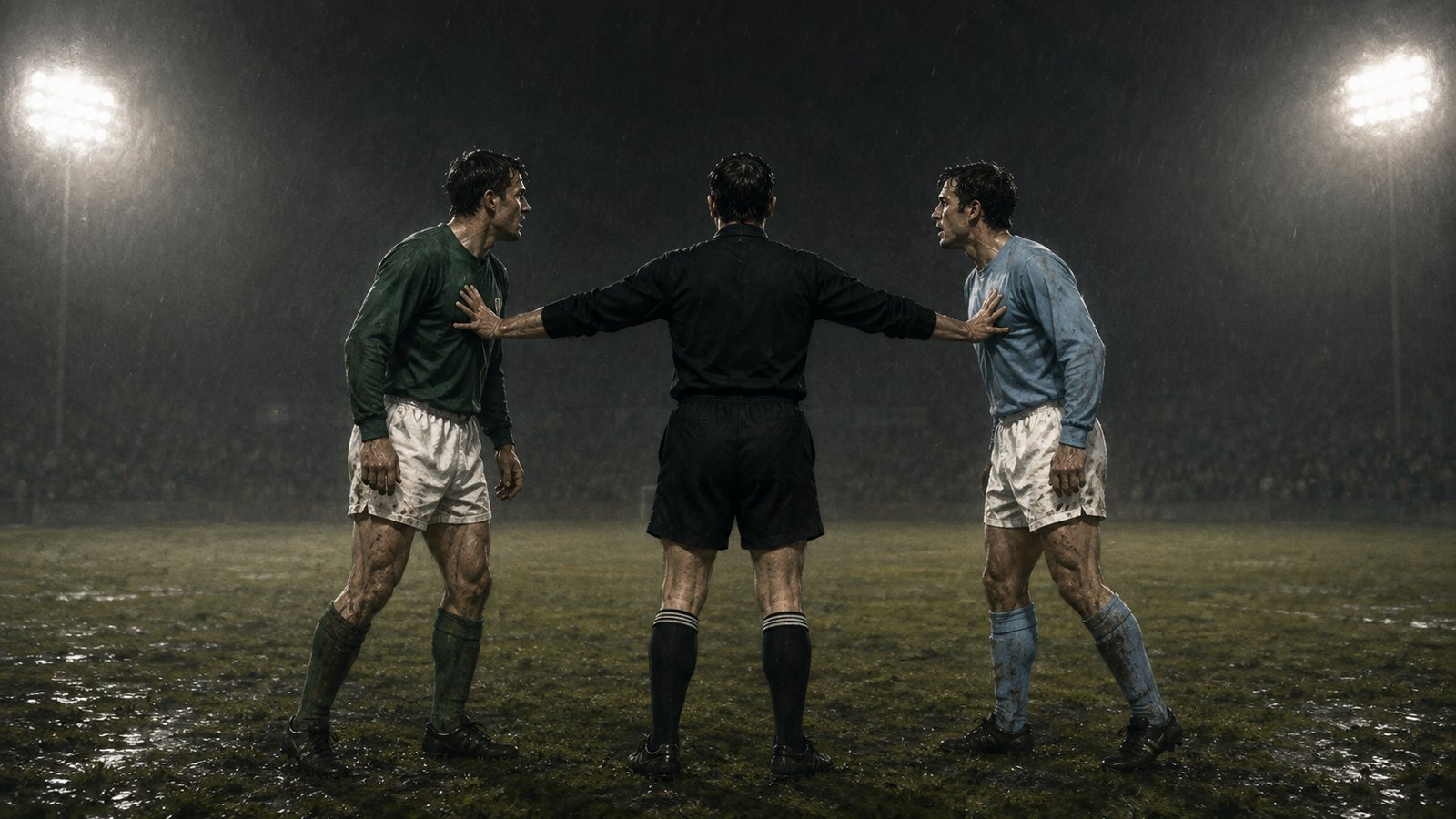An anonymous 1960s referee separating plain green-white and sky-blue-white players under Montevideo floodlights