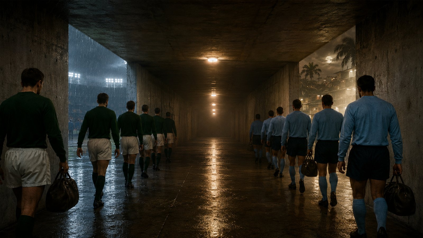 A rain-dark 1960s stadium tunnel with two anonymous squads entering from opposite ends