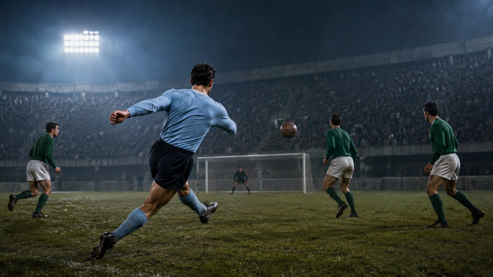 An anonymous sky-blue-and-white attacker striking a long-range shot in a fictional 1960s stadium