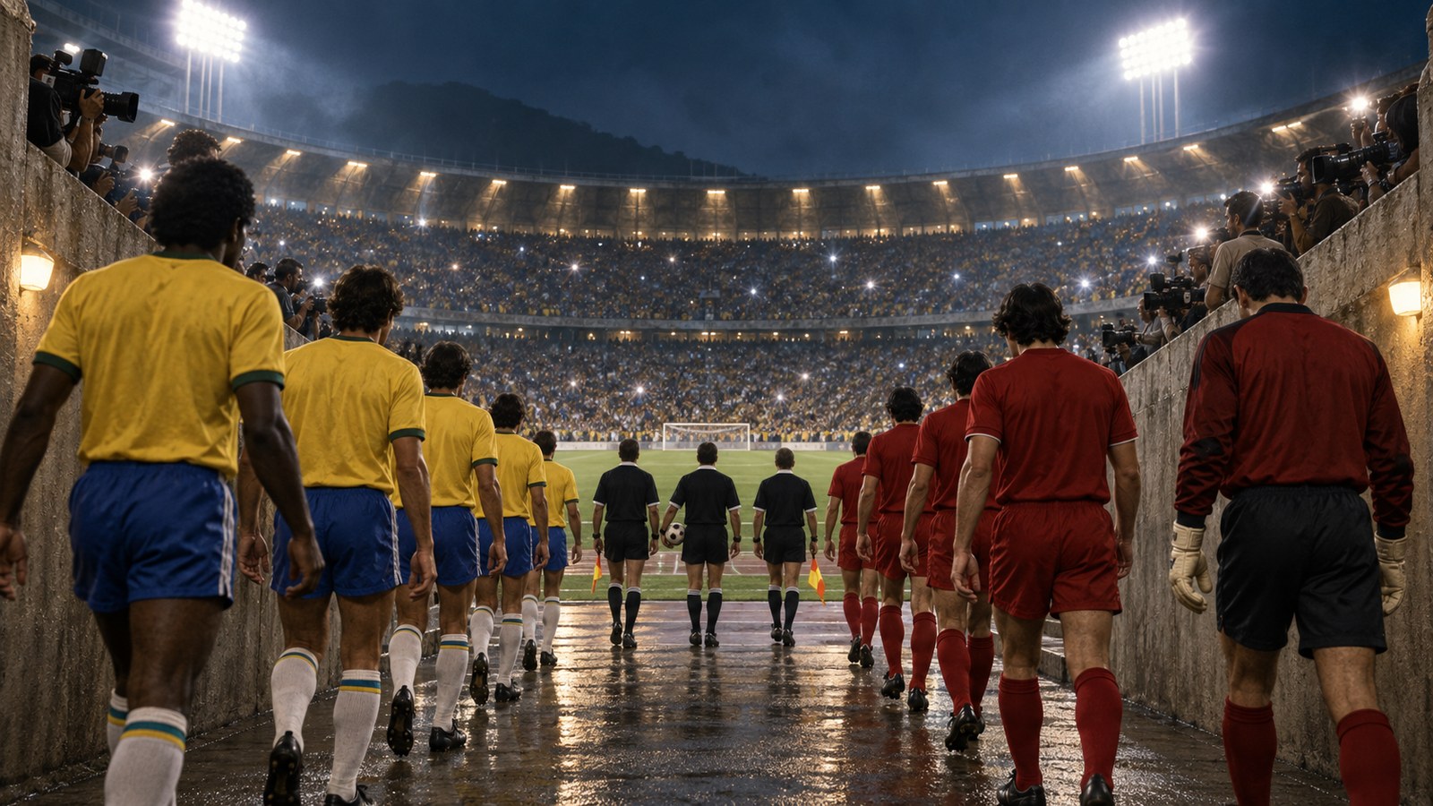 Brazil and Chile players entering a packed Maracana stadium for a 1989 qualifier
