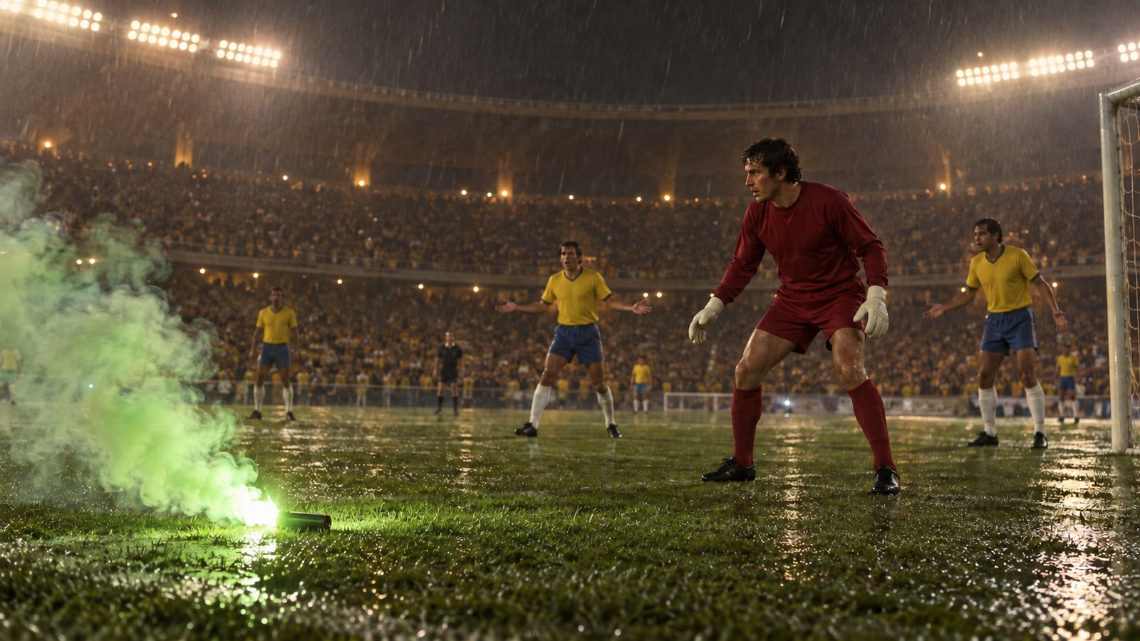 A green signal flare burning on grass several feet from a goalkeeper in a dark plain kit