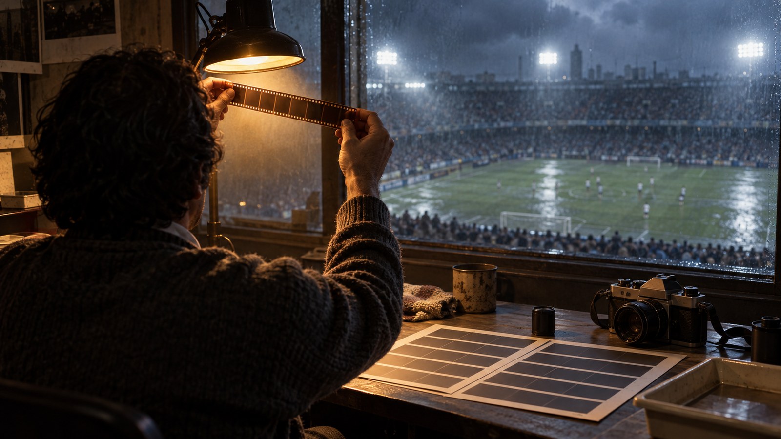 A football photographer examining strips of 1989 film beneath a stadium work light