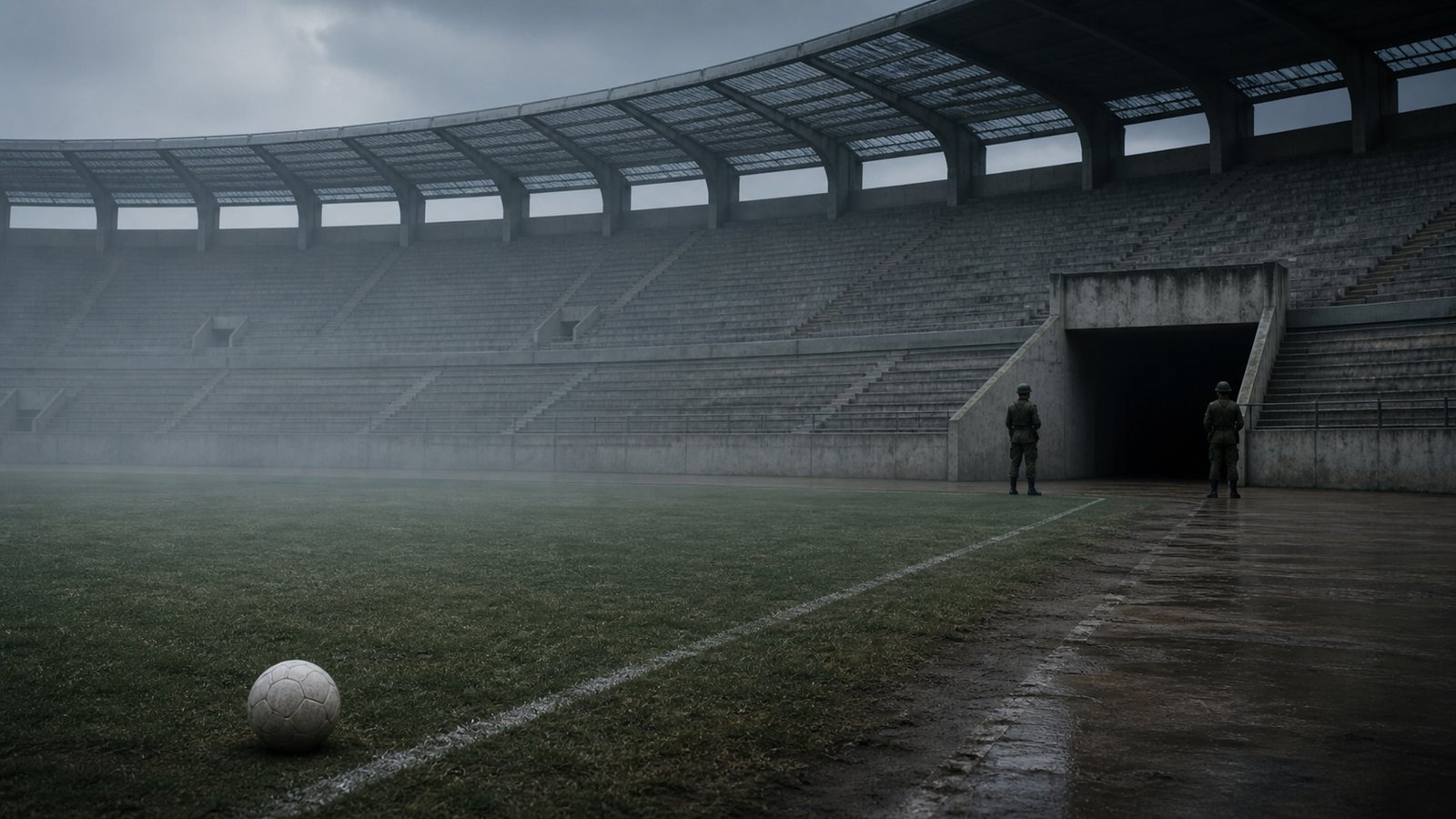 An empty 1973 national stadium under military watch with a football resting on the touchline