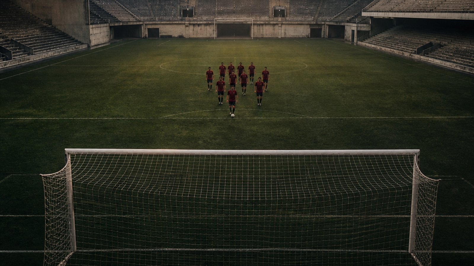 Eleven Chilean players advancing toward an undefended goal in a nearly empty stadium