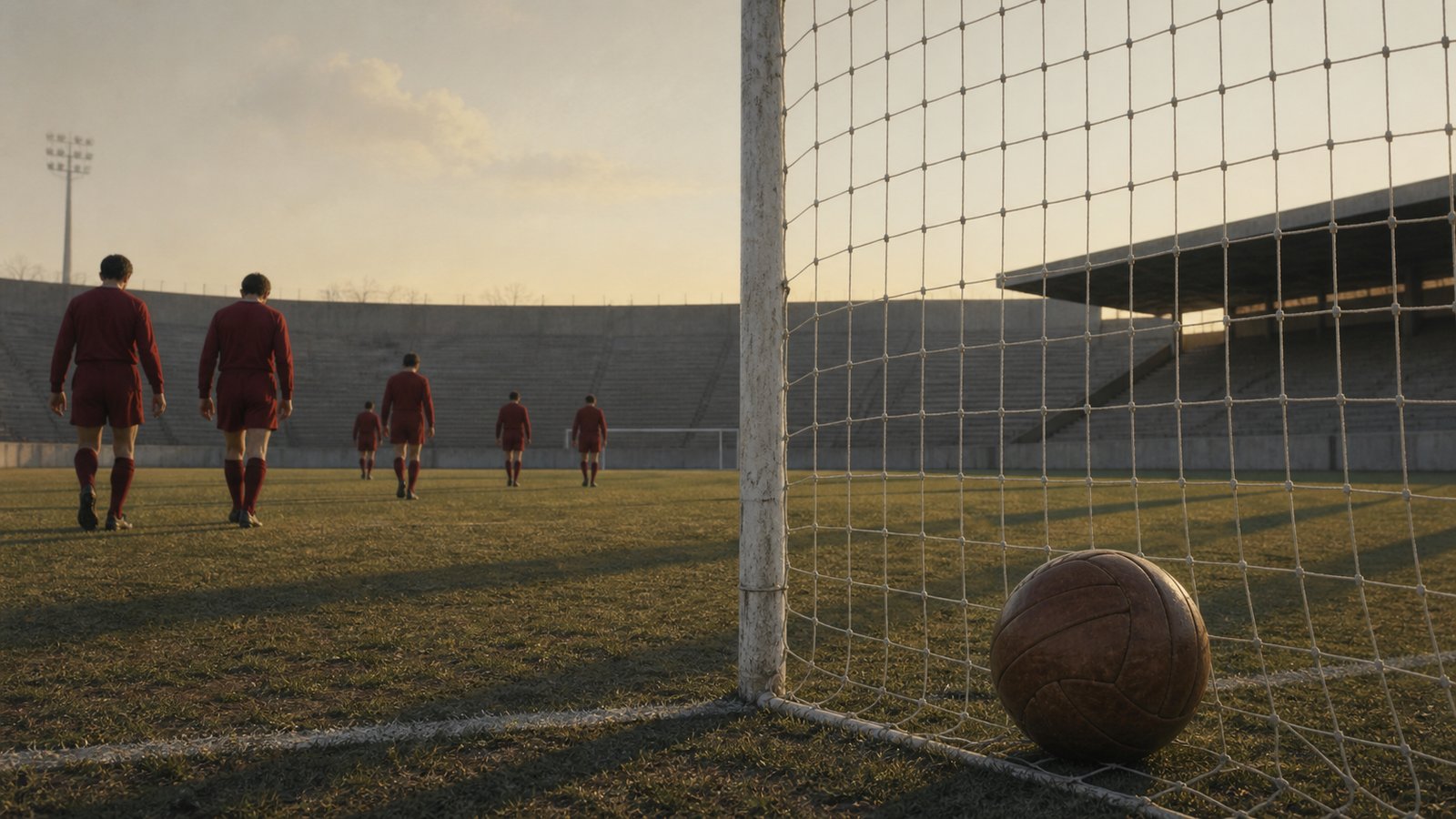 A single football inside an empty goal as players walk away beneath concrete stands