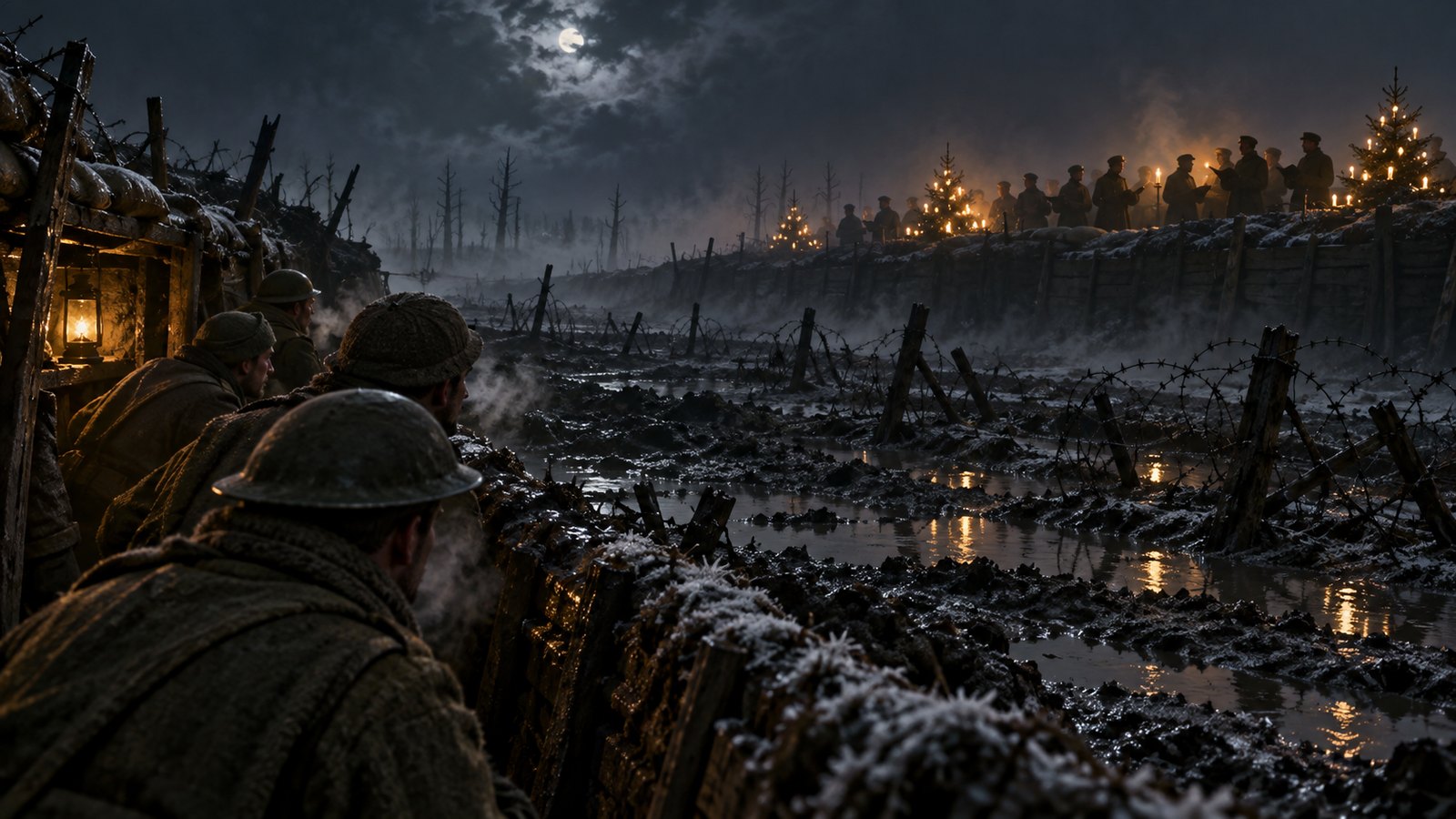 British and German soldiers in separate 1914 trenches hearing carols across a cold no man's land