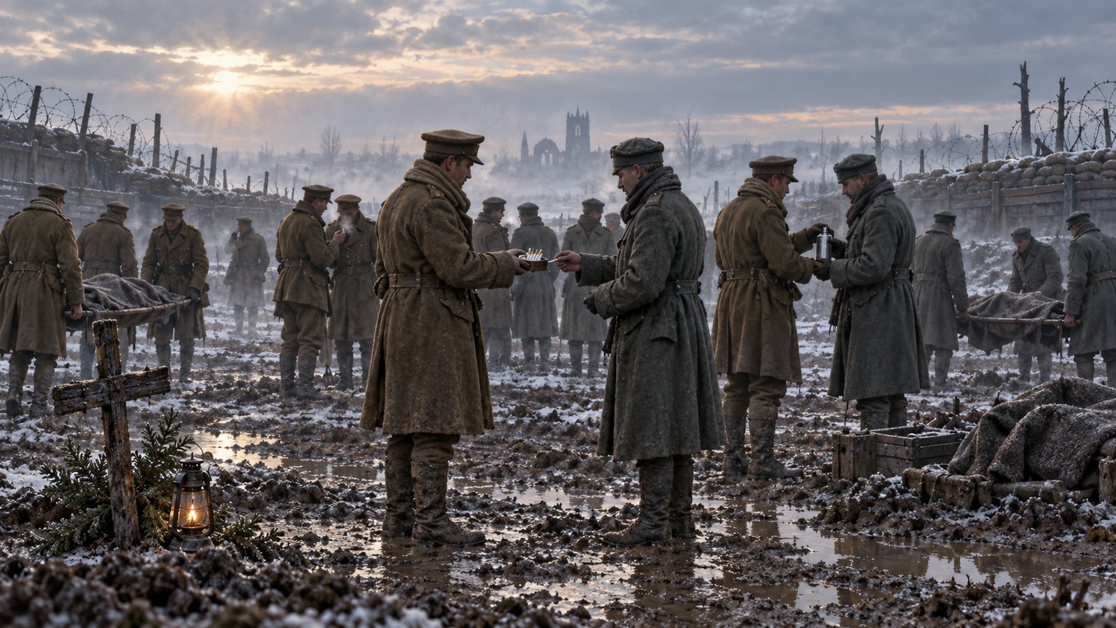 Soldiers sharing cigarettes and recovering dead comrades in a temporary Christmas Day truce in 1914