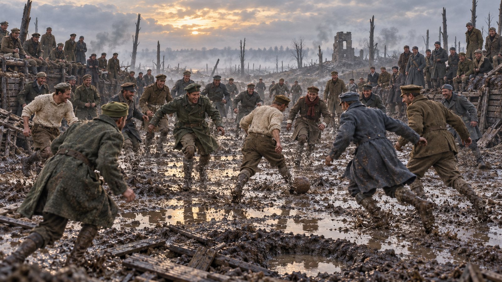 A loose crowd of British and German soldiers chasing one football across muddy no man's land in December 1914