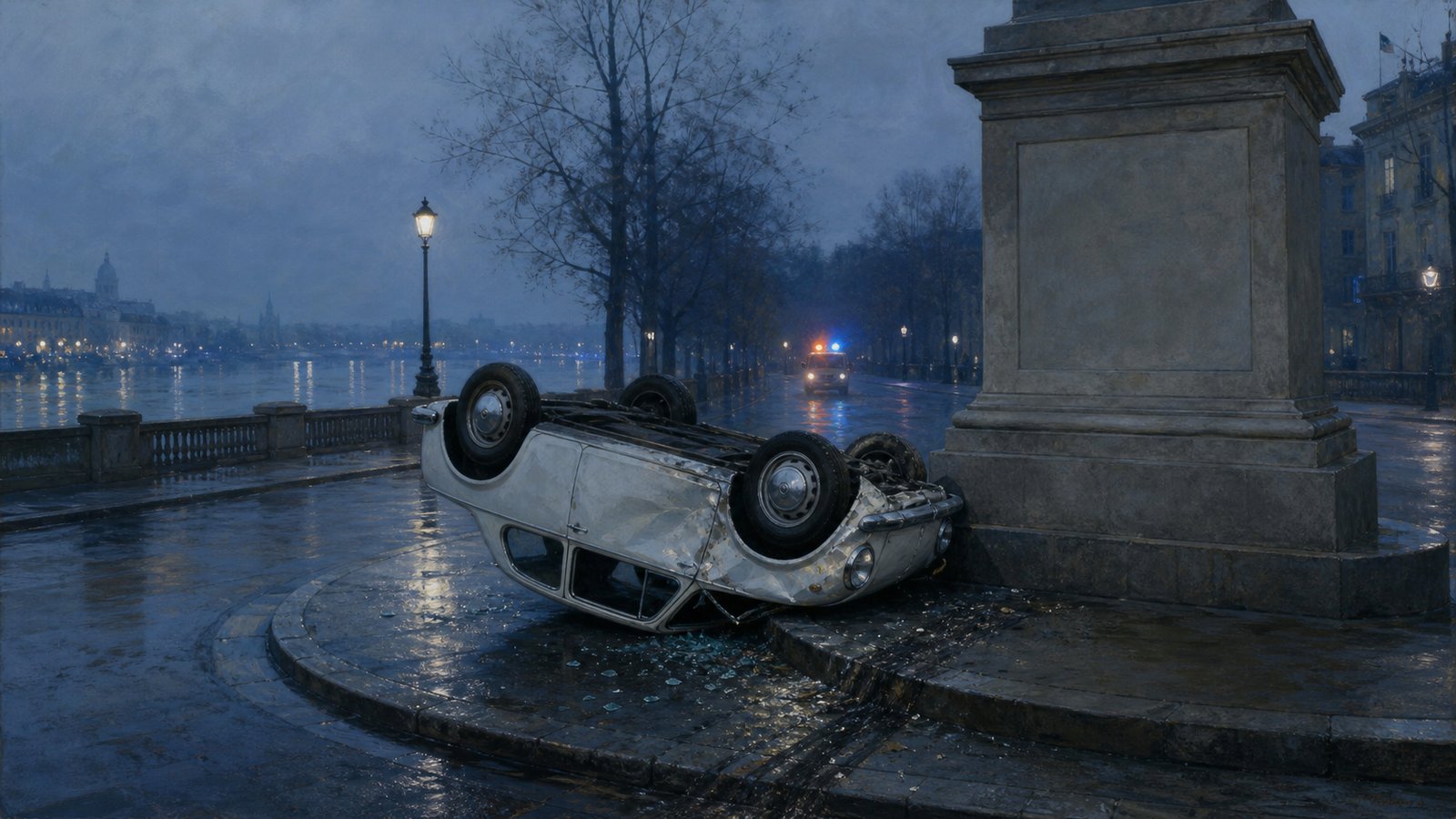 A damaged early-1960s white car stopped near a riverside monument in Turin before dawn