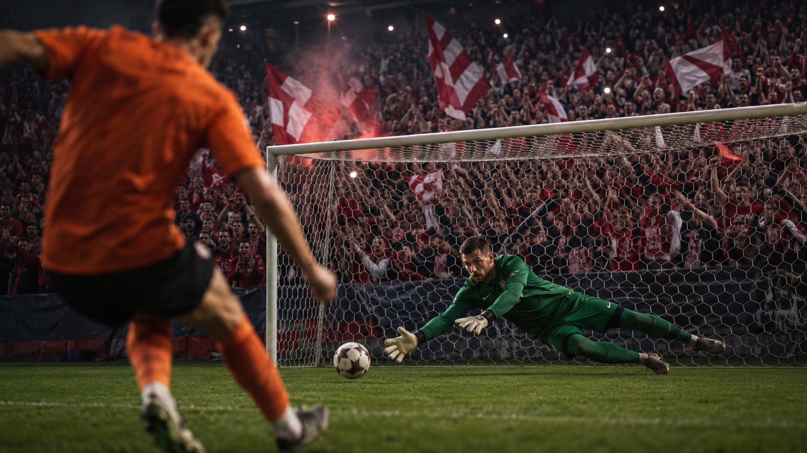 A generic red-and-white goalkeeper diving left during a tense European semi-final shootout