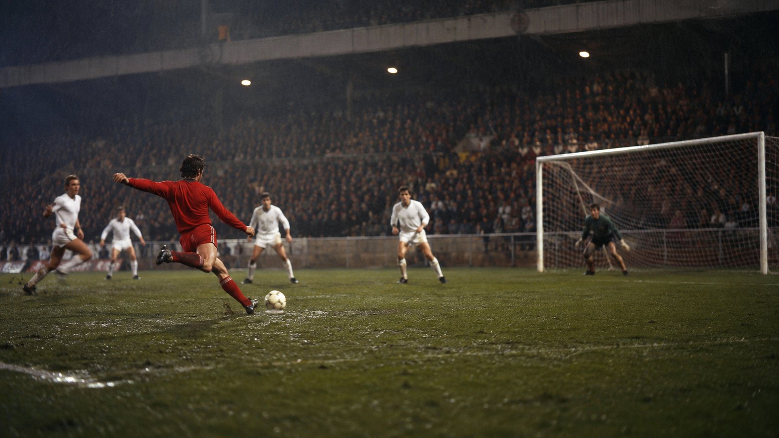 A fictional Danish midfielder striking toward goal against generic white-shirted opponents in Gothenburg