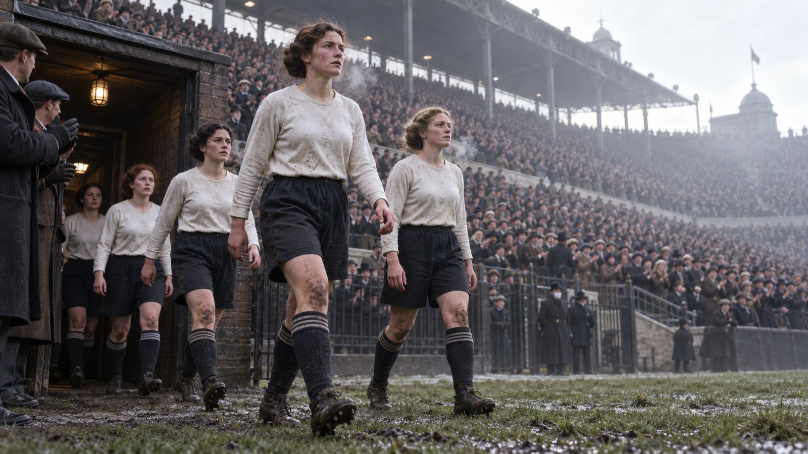 Women footballers entering a packed English stadium on Boxing Day 1920