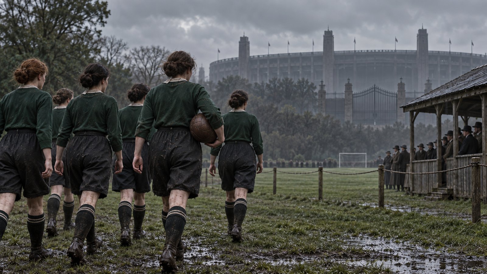 Women footballers walking toward a modest open ground after losing access to league stadiums