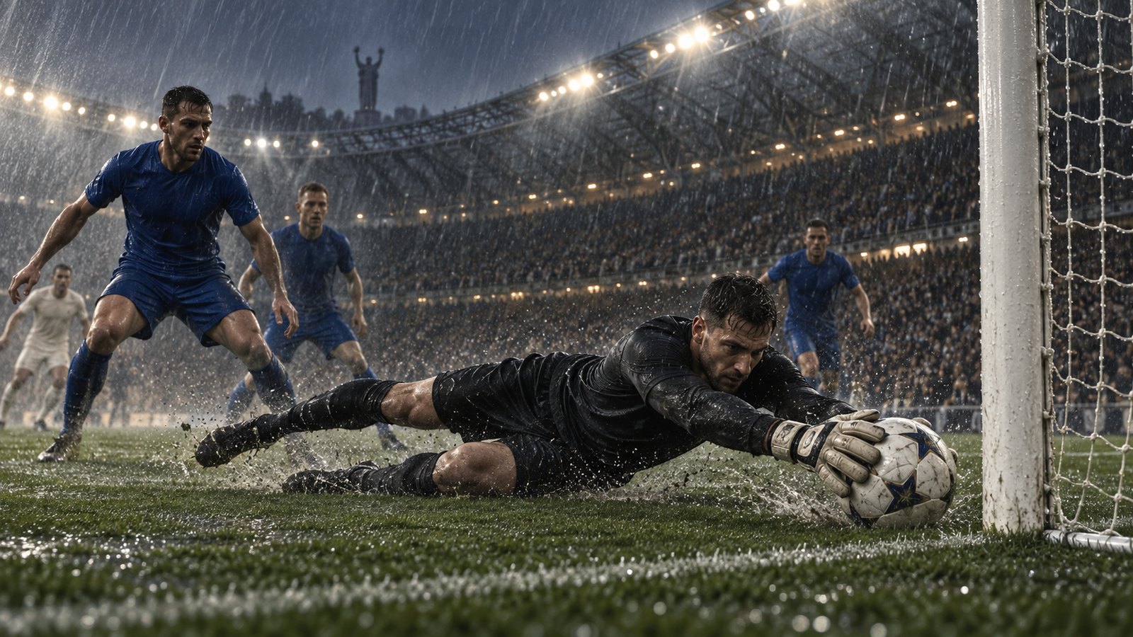 A fictional Ukrainian football side defending under heavy rain in a borrowed stadium