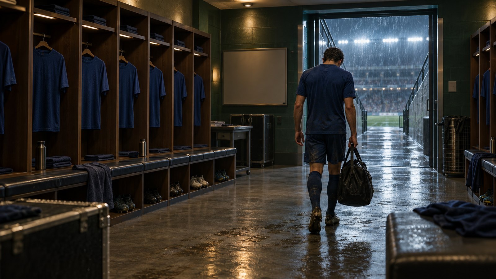 An empty fictional football dressing room with plain blue shirts after a European campaign