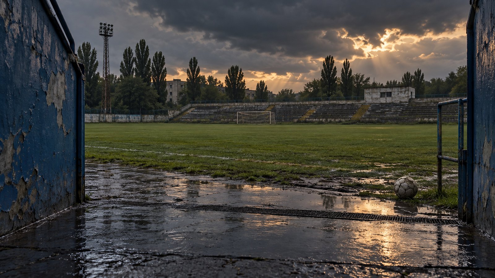 A quiet fictional lower-division football ground with an unused blue tunnel