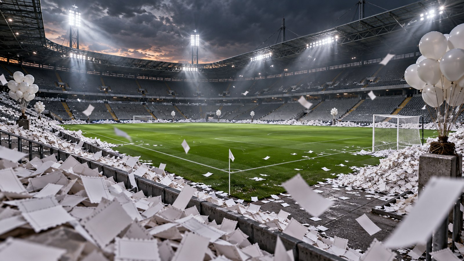 Supporters at home buying symbolic football tickets while an empty floodlit ground appears on television