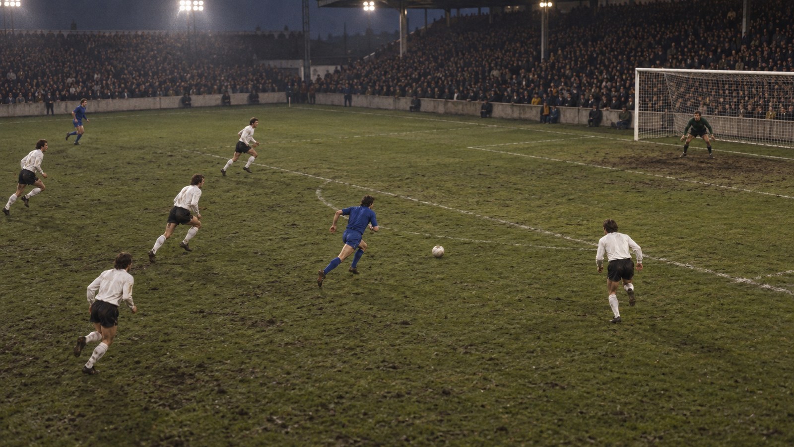 A plain blue-shirted forward controlling a diagonal pass between two white-shirted defenders