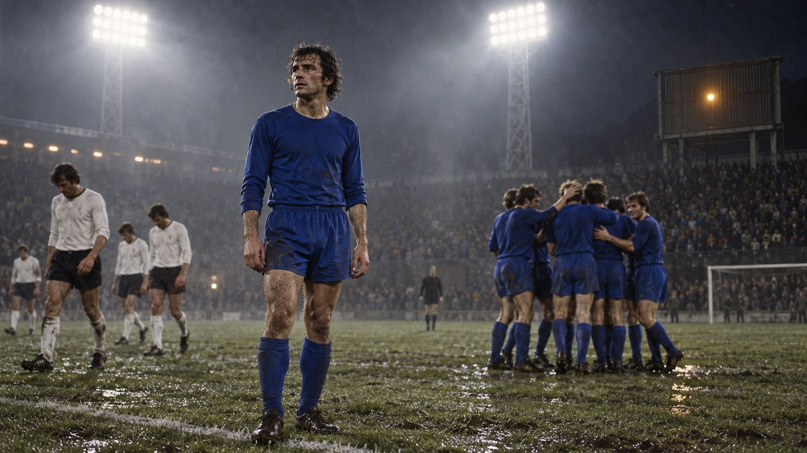 A lone blue-shirted scorer under Hamburg floodlights as the scoreboard shows one goal
