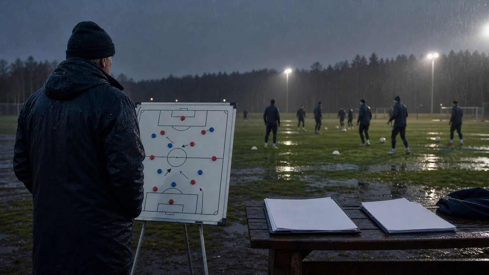 A Norwegian coach studying a paper pitch grid beside a cold floodlit training field in the early 1990s
