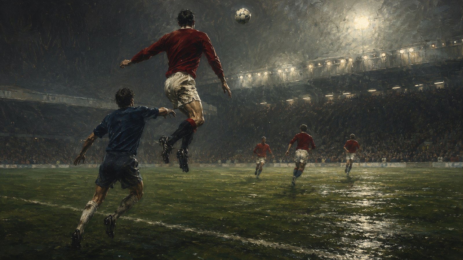 A tall Norwegian wide player contesting a diagonal ball against a full-back as teammates attack the second ball