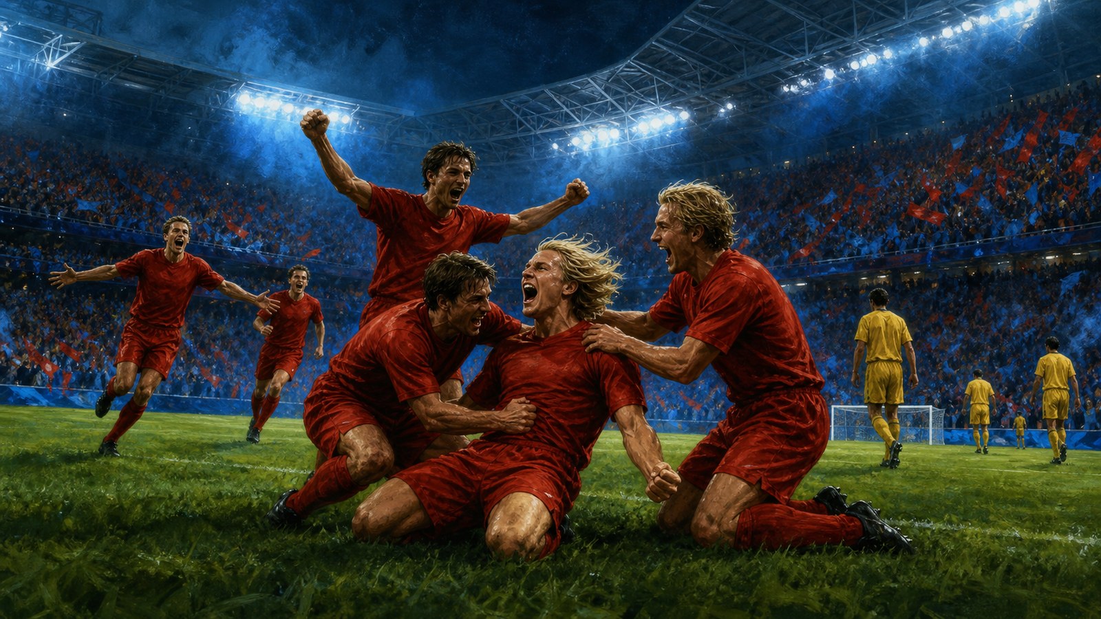 Norwegian players celebrating a late 1998 goal in Marseille beneath blue evening floodlights