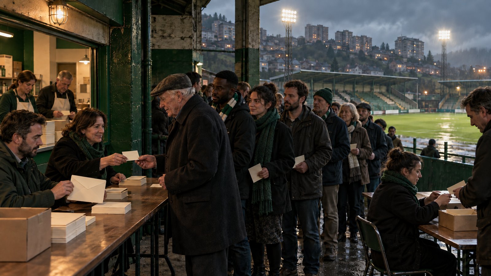 A small hillside football ground celebrating promotion while an office clock begins a new financial deadline