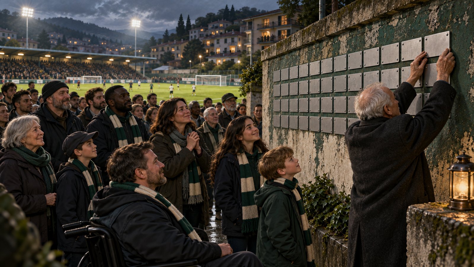 Supporters and shopkeepers buying modest football club shares at tables inside a small stadium concourse