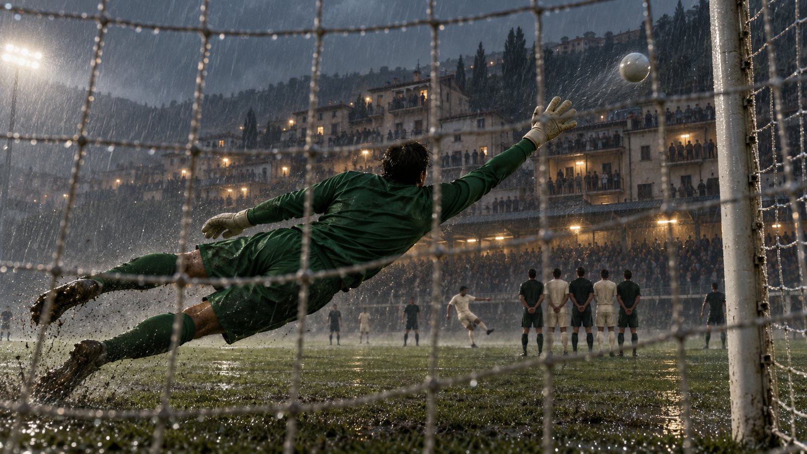 A free kick curling toward goal under floodlights at a compact hillside stadium watched from nearby balconies