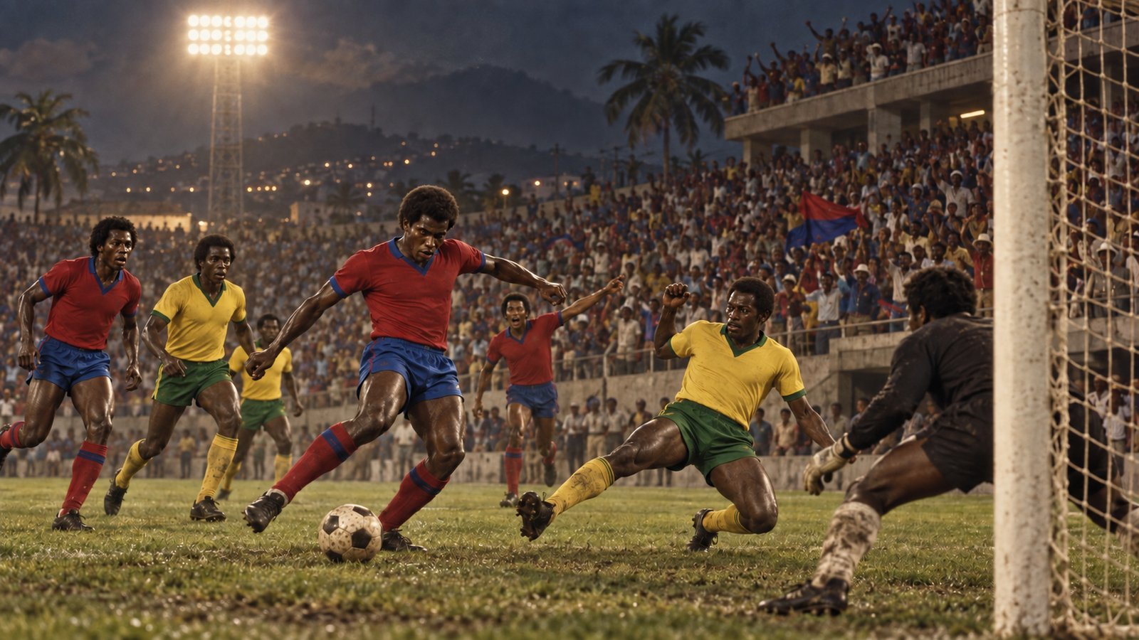 A fictional Haitian forward attacking under packed Caribbean floodlights in a 1973 qualifier