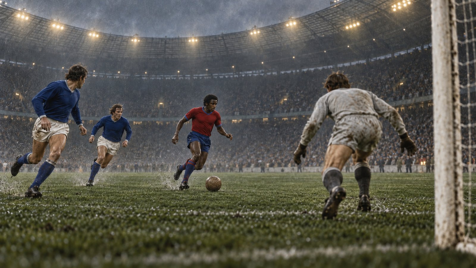 A fictional number 20 in a red-and-blue kit rounding an anonymous goalkeeper in a vast 1970s stadium
