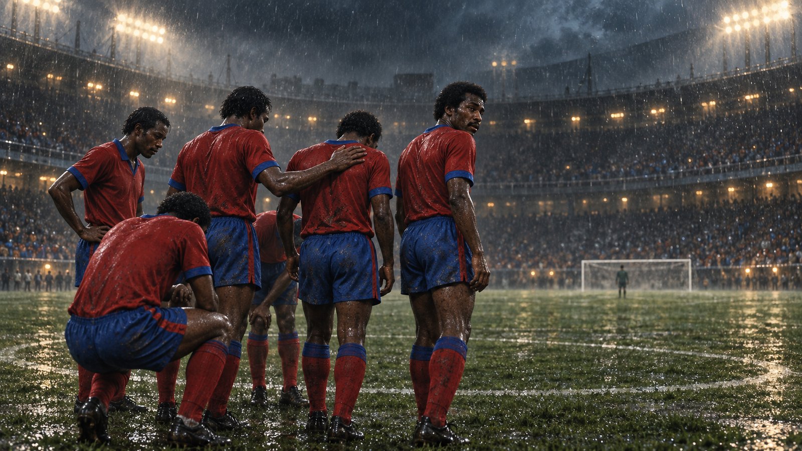 A fictional Haitian team regrouping under rain and floodlights after a difficult 1974 World Cup match