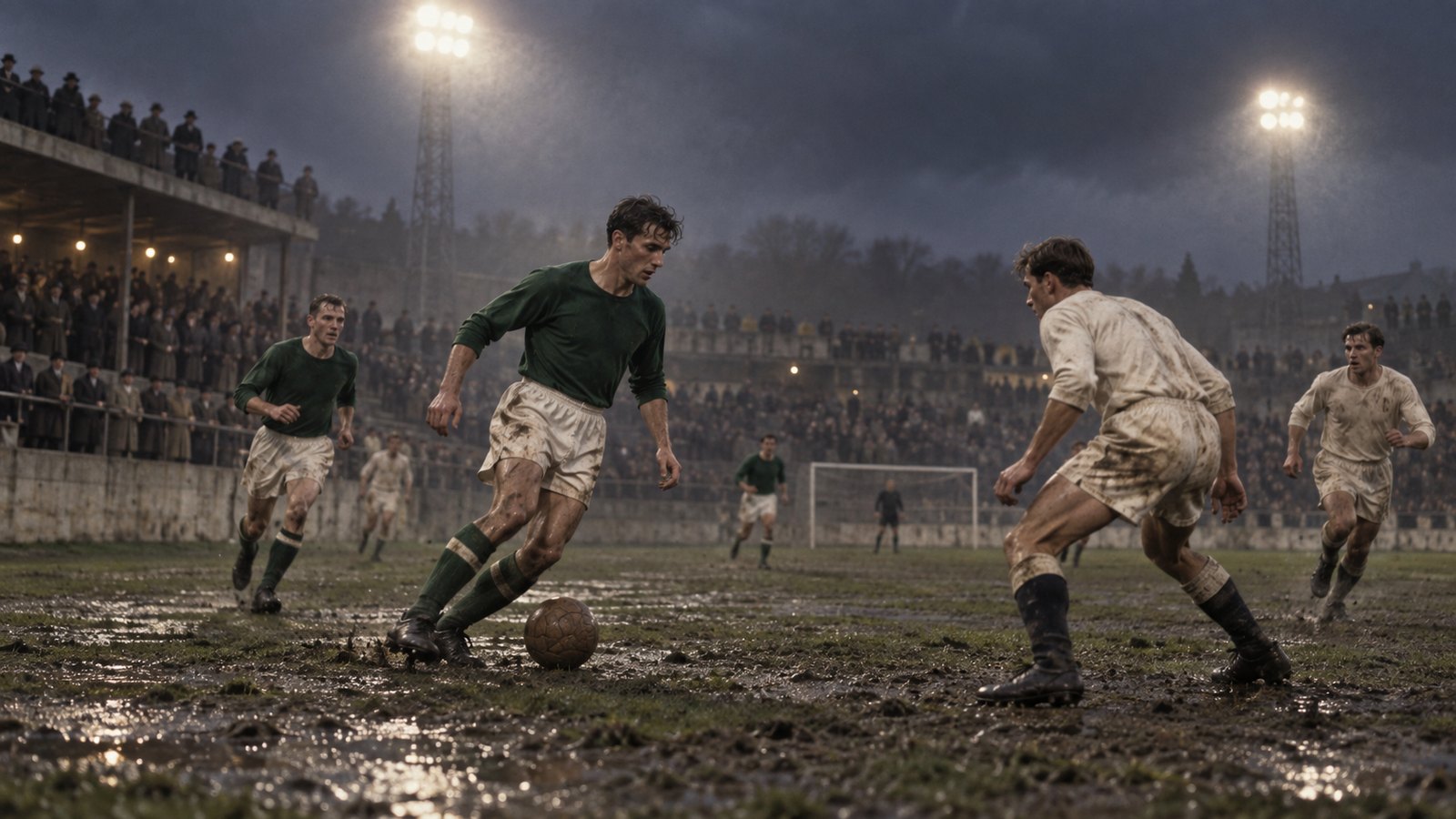 A late-1950s European national-team match under sparse floodlights