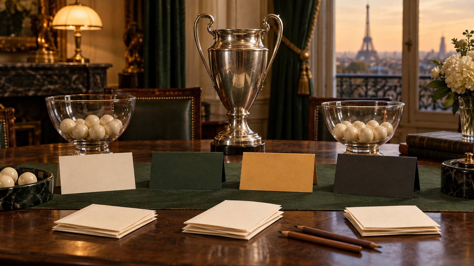 A 1960 tournament draw table with four plain national colour cards