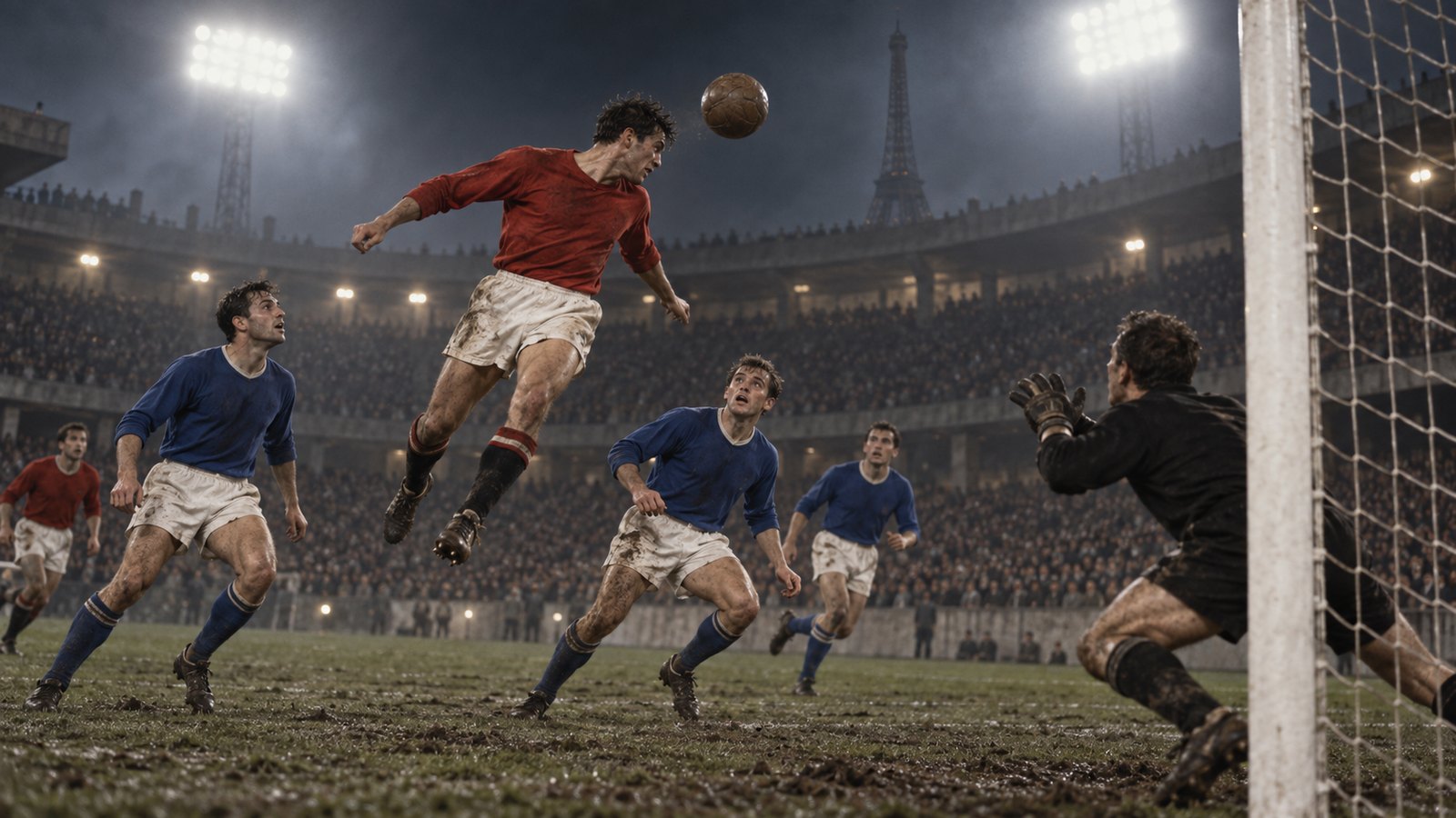 A plain red-shirted forward heads toward goal in a 1960 Paris final