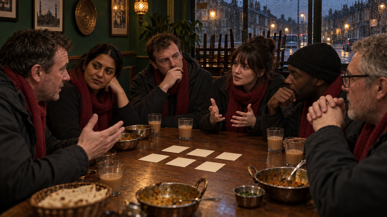 Supporters gathering around handwritten plans in a Manchester curry house in 2005